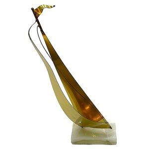 Vintage Handcrafted MCM Brass Sailboat Sculpture On White Marble Base